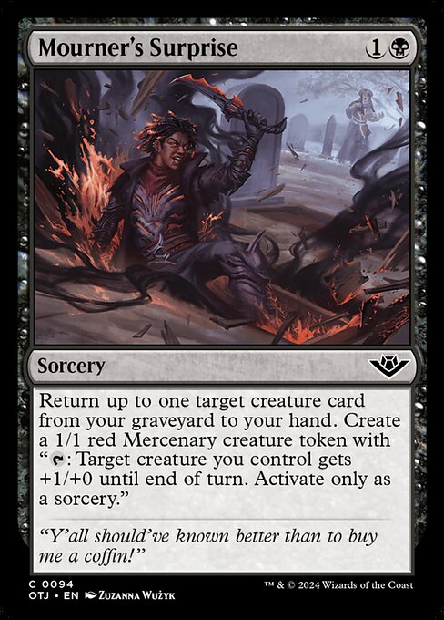 Return up to one target creature card from your graveyard to your hand. Create a 1/1 red Mercenary creature token with "{T}: Target creature you control gets +1/+0 until end of turn. Activate only as a sorcery."