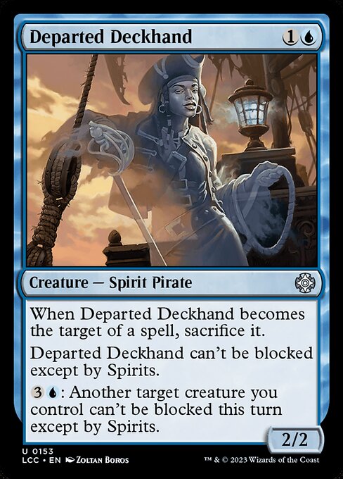 When this creature becomes the target of a spell, sacrifice it.
This creature can't be blocked except by Spirits.
{3}{U}: Another target creature you control can't be blocked this turn except by Spirits.
