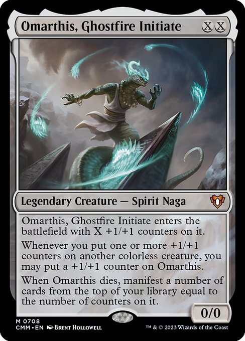 Omarthis, Ghostfire Initiate enters the battlefield with X +1/+1 counters on it.
Whenever you put one or more +1/+1 counters on another colorless creature, you may put a +1/+1 counter on Omarthis.
When Omarthis dies, manifest a number of cards from the top of your library equal to the number of counters on it.