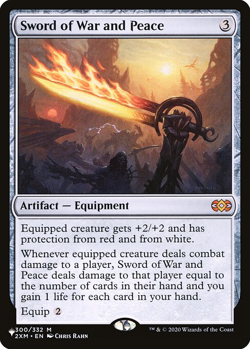 Equipped creature gets +2/+2 and has protection from red and from white.
Whenever equipped creature deals combat damage to a player, Sword of War and Peace deals damage to that player equal to the number of cards in their hand and you gain 1 life for each card in your hand.
Equip {2}