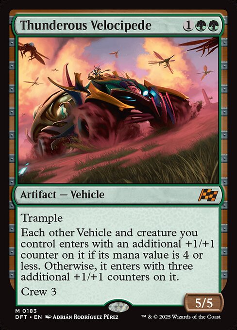 Trample
Each other Vehicle and creature you control enters with an additional +1/+1 counter on it if its mana value is 4 or less. Otherwise, it enters with three additional +1/+1 counters on it.
Crew 3