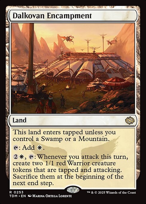 This land enters tapped unless you control a Swamp or a Mountain.
{T}: Add {W}.
{2}{W}, {T}: Whenever you attack this turn, create two 1/1 red Warrior creature tokens that are tapped and attacking. Sacrifice them at the beginning of the next end step.