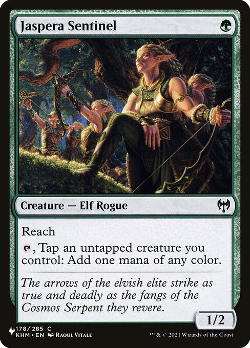 Reach
{T}, Tap an untapped creature you control: Add one mana of any color.