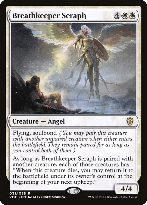 Flying, soulbond (You may pair this creature with another unpaired creature when either enters the battlefield. They remain paired for as long as you control both of them.)
As long as Breathkeeper Seraph is paired with another creature, each of those creatures has "When this creature dies, you may return it to the battlefield under its owner's control at the beginning of your next upkeep."