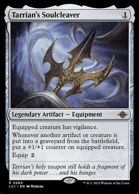 Equipped creature has vigilance.
Whenever another artifact or creature is put into a graveyard from the battlefield, put a +1/+1 counter on equipped creature.
Equip {2}