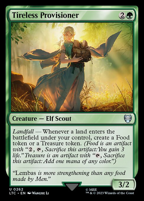 Landfall — Whenever a land you control enters, create a Food token or a Treasure token. (Food is an artifact with "{2}, {T}, Sacrifice this artifact: You gain 3 life." Treasure is an artifact with "{T}, Sacrifice this artifact: Add one mana of any color.")