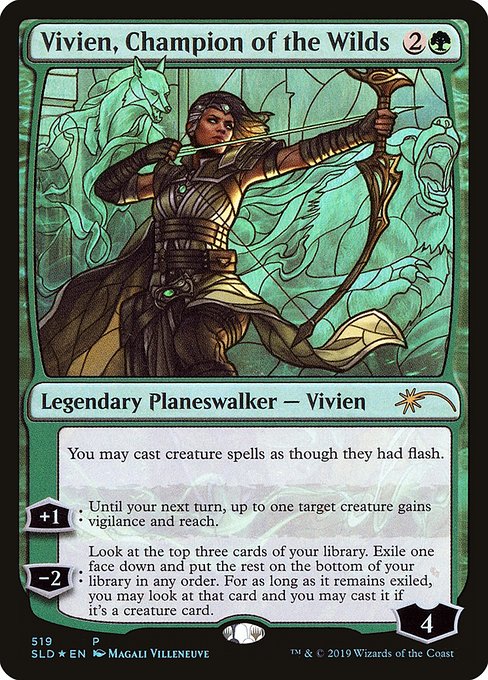 You may cast creature spells as though they had flash.
+1: Until your next turn, up to one target creature gains vigilance and reach.
−2: Look at the top three cards of your library. Exile one face down and put the rest on the bottom of your library in any order. For as long as it remains exiled, you may cast it if it's a creature spell.