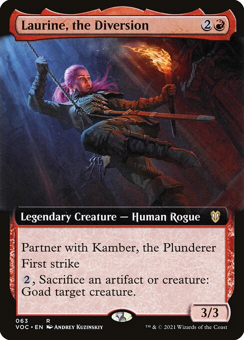 Partner with Kamber, the Plunderer (When this creature enters the battlefield, target player may put Kamber into their hand from their library, then shuffle.)
First strike
{2}, Sacrifice an artifact or creature: Goad target creature. (Until your next turn, that creature attacks each combat if able and attacks a player other than you if able.)