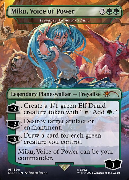 +2: Create a 1/1 green Elf Druid creature token with "{T}: Add {G}."
−2: Destroy target artifact or enchantment.
−6: Draw a card for each green creature you control.
Freyalise, Llanowar's Fury can be your commander.