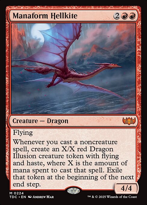 Flying
Whenever you cast a noncreature spell, create an X/X red Dragon Illusion creature token with flying and haste, where X is the amount of mana spent to cast that spell. Exile that token at the beginning of the next end step.