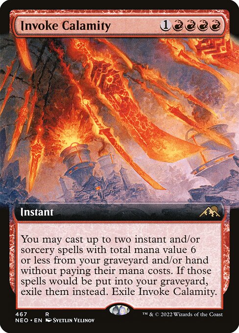 You may cast up to two instant and/or sorcery spells with total mana value 6 or less from your graveyard and/or hand without paying their mana costs. If those spells would be put into your graveyard, exile them instead. Exile Invoke Calamity.