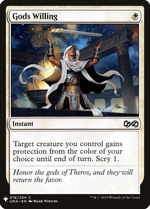 Target creature you control gains protection from the color of your choice until end of turn. (It can't be blocked, targeted, dealt damage, enchanted, or equipped by anything of that color.)
Scry 1.