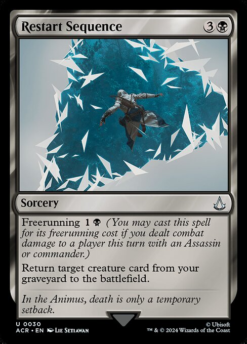 Freerunning {1}{B} (You may cast this spell for its freerunning cost if you dealt combat damage to a player this turn with an Assassin or commander.)
Return target creature card from your graveyard to the battlefield.