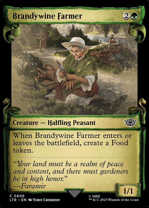 When Brandywine Farmer enters or leaves the battlefield, create a Food token. (It's an artifact with "{2}, {T}, Sacrifice this artifact: You gain 3 life.")