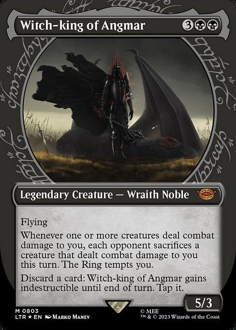 Flying
Whenever one or more creatures deal combat damage to you, each opponent sacrifices a creature that dealt combat damage to you this turn. The Ring tempts you.
Discard a card: Witch-king of Angmar gains indestructible until end of turn. Tap it.