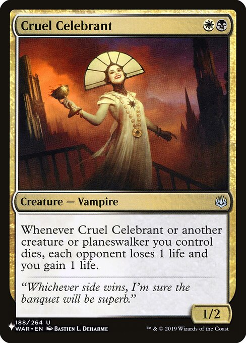 Whenever Cruel Celebrant or another creature or planeswalker you control dies, each opponent loses 1 life and you gain 1 life.