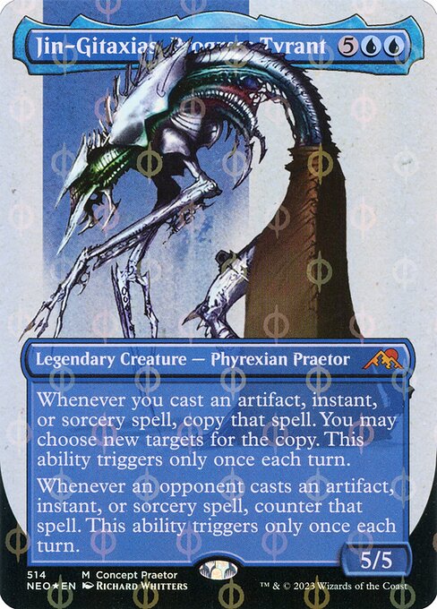 Whenever you cast an artifact, instant, or sorcery spell, copy that spell. You may choose new targets for the copy. This ability triggers only once each turn. (A copy of a permanent spell becomes a token.)
Whenever an opponent casts an artifact, instant, or sorcery spell, counter that spell. This ability triggers only once each turn.