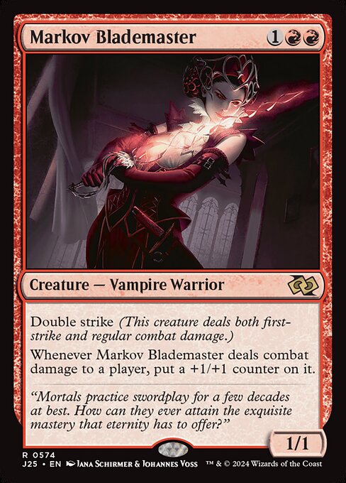 Double strike (This creature deals both first-strike and regular combat damage.)
Whenever Markov Blademaster deals combat damage to a player, put a +1/+1 counter on it.