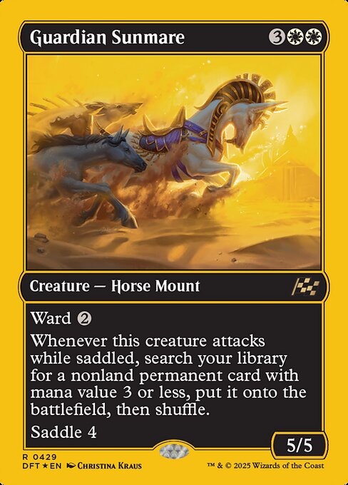Ward {2}
Whenever this creature attacks while saddled, search your library for a nonland permanent card with mana value 3 or less, put it onto the battlefield, then shuffle.
Saddle 4