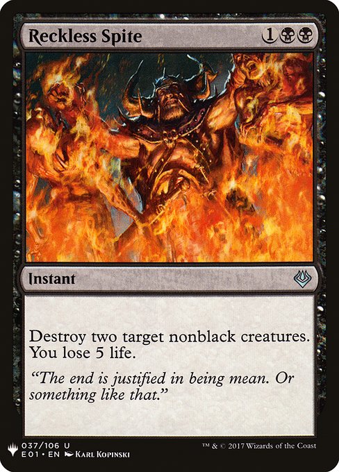 Destroy two target nonblack creatures. You lose 5 life.
