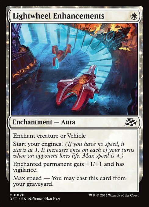 Enchant creature or Vehicle
Start your engines! (If you have no speed, it starts at 1. It increases once on each of your turns when an opponent loses life. Max speed is 4.)
Enchanted permanent gets +1/+1 and has vigilance.
Max speed — You may cast this card from your graveyard.