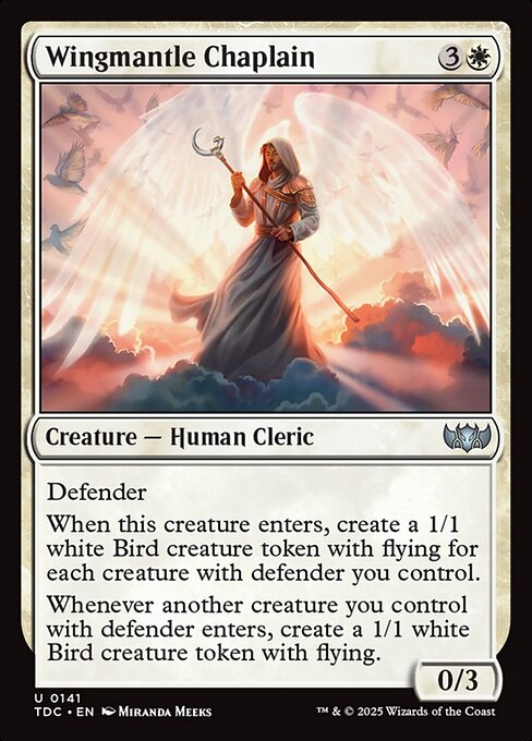 Defender
When this creature enters, create a 1/1 white Bird creature token with flying for each creature with defender you control.
Whenever another creature you control with defender enters, create a 1/1 white Bird creature token with flying.