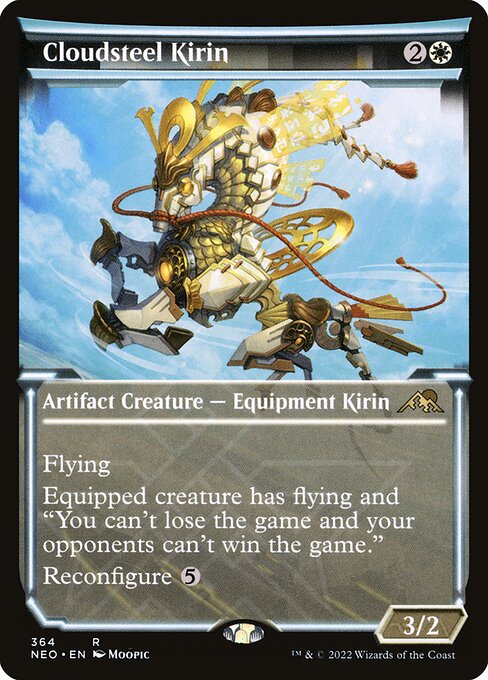 Flying
Equipped creature has flying and "You can't lose the game and your opponents can't win the game."
Reconfigure {5} ({5}: Attach to target creature you control; or unattach from a creature. Reconfigure only as a sorcery. While attached, this isn't a creature.)