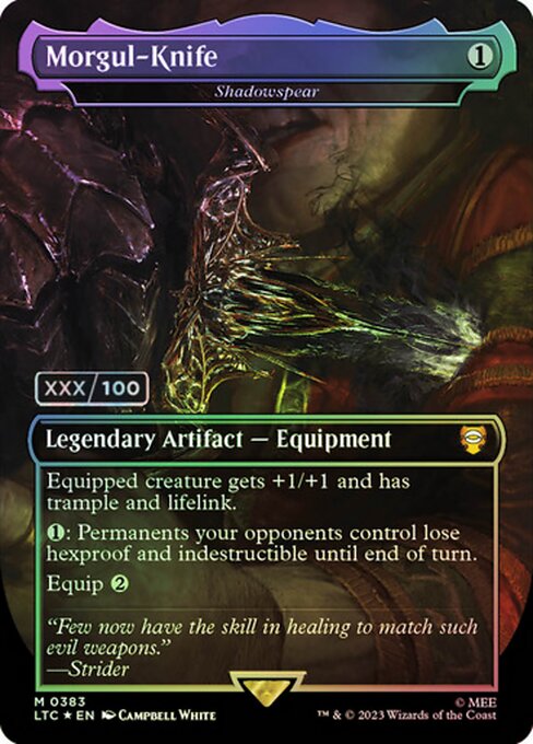 Equipped creature gets +1/+1 and has trample and lifelink.
{1}: Permanents your opponents control lose hexproof and indestructible until end of turn.
Equip {2}