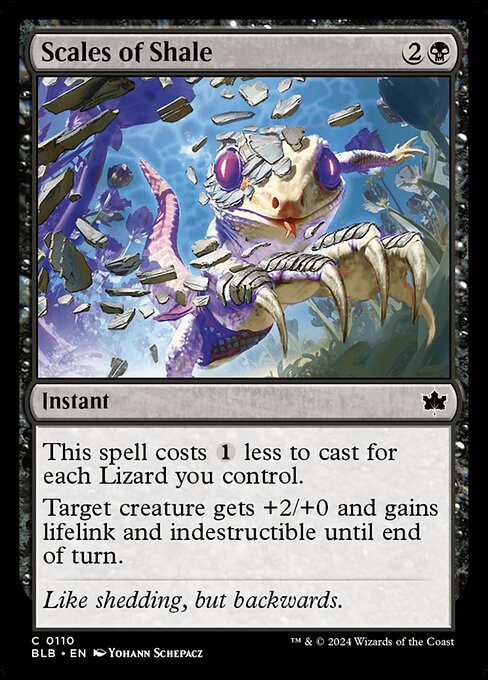 This spell costs {1} less to cast for each Lizard you control.
Target creature gets +2/+0 and gains lifelink and indestructible until end of turn.