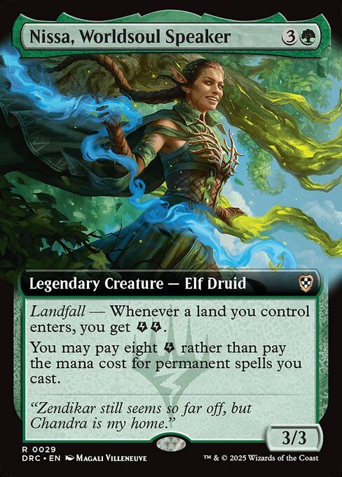 Landfall — Whenever a land you control enters, you get {E}{E} (two energy counters).
You may pay eight {E} rather than pay the mana cost for permanent spells you cast.