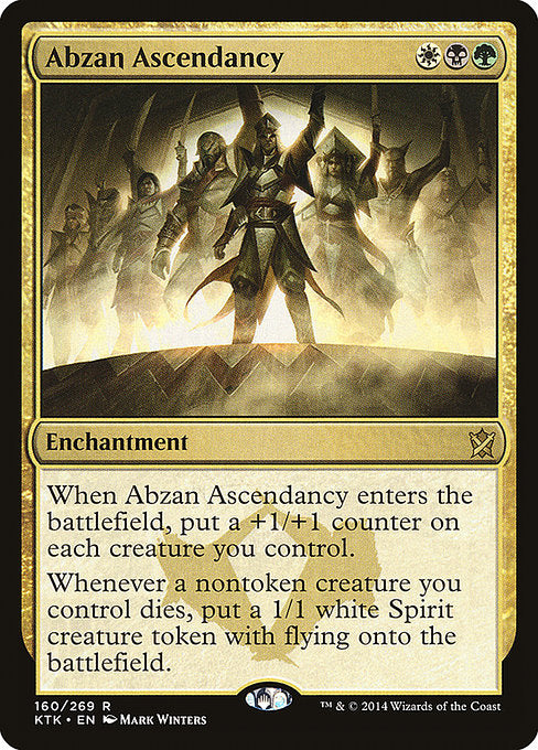 When Abzan Ascendancy enters the battlefield, put a +1/+1 counter on each creature you control.
Whenever a nontoken creature you control dies, create a 1/1 white Spirit creature token with flying.