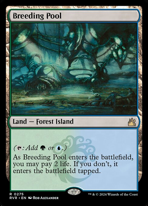 ({T}: Add {G} or {U}.)
As Breeding Pool enters the battlefield, you may pay 2 life. If you don't, it enters the battlefield tapped.