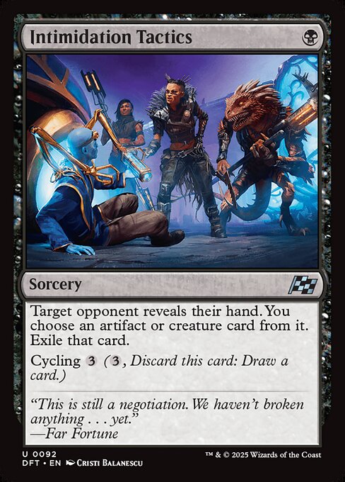 Target opponent reveals their hand. You choose an artifact or creature card from it. Exile that card.
Cycling {3} ({3}, Discard this card: Draw a card.)