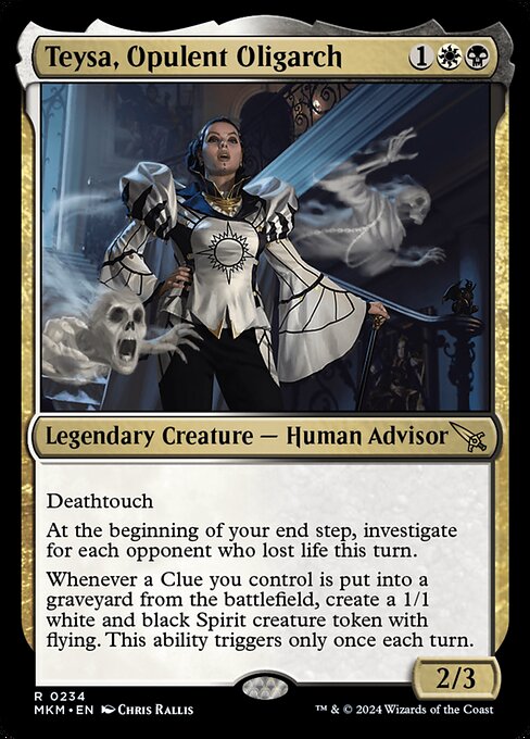 Deathtouch
At the beginning of your end step, investigate for each opponent who lost life this turn.
Whenever a Clue you control is put into a graveyard from the battlefield, create a 1/1 white and black Spirit creature token with flying. This ability triggers only once each turn.