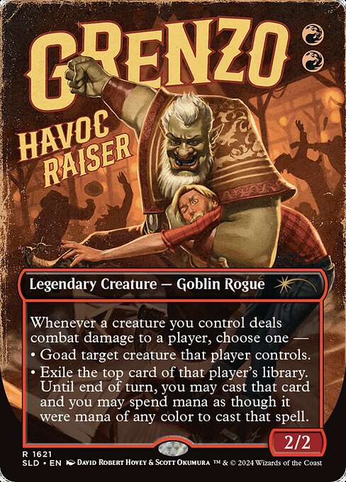 Whenever a creature you control deals combat damage to a player, choose one —
• Goad target creature that player controls.
• Exile the top card of that player's library. Until end of turn, you may cast that card and you may spend mana as though it were mana of any color to cast that spell.