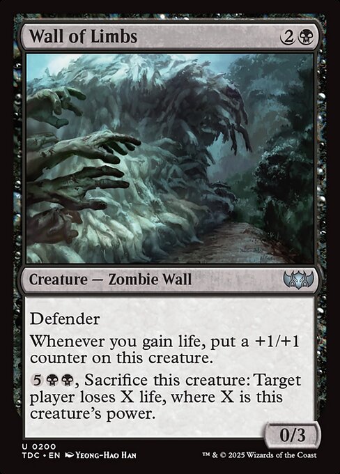 Defender (This creature can't attack.)
Whenever you gain life, put a +1/+1 counter on this creature.
{5}{B}{B}, Sacrifice this creature: Target player loses X life, where X is this creature's power.