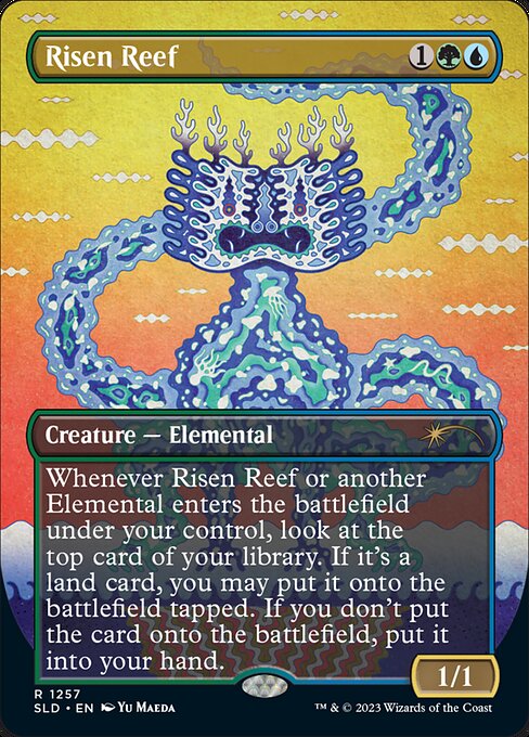 Whenever Risen Reef or another Elemental enters the battlefield under your control, look at the top card of your library. If it's a land card, you may put it onto the battlefield tapped. If you don't put the card onto the battlefield, put it into your hand.