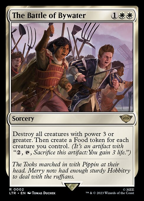 Destroy all creatures with power 3 or greater. Then create a Food token for each creature you control. (It's an artifact with "{2}, {T}, Sacrifice this artifact: You gain 3 life.")