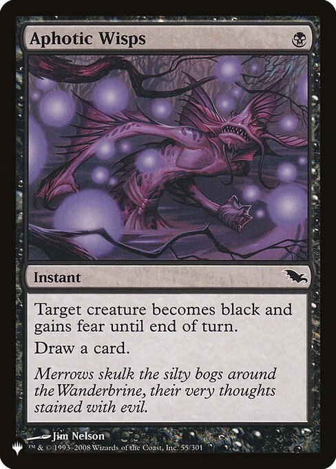 Target creature becomes black and gains fear until end of turn. (It can't be blocked except by artifact creatures and/or black creatures.)
Draw a card.