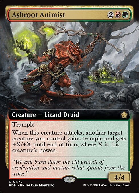 Trample
When this creature attacks, another target creature you control gains trample and gets +X/+X until end of turn, where X is this creature's power.