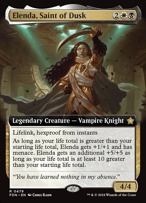 Lifelink, hexproof from instants
As long as your life total is greater than your starting life total, Elenda gets +1/+1 and has menace. Elenda gets an additional +5/+5 as long as your life total is at least 10 greater than your starting life total.