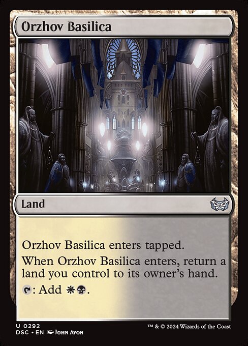 Orzhov Basilica enters tapped.
When Orzhov Basilica enters, return a land you control to its owner's hand.
{T}: Add {W}{B}.