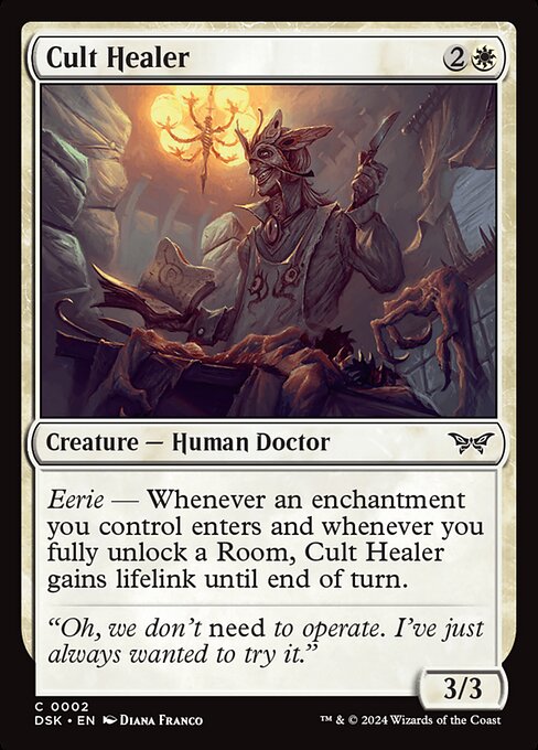 Eerie — Whenever an enchantment you control enters and whenever you fully unlock a Room, Cult Healer gains lifelink until end of turn.