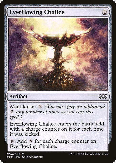 Multikicker {2} (You may pay an additional {2} any number of times as you cast this spell.)
Everflowing Chalice enters the battlefield with a charge counter on it for each time it was kicked.
{T}: Add {C} for each charge counter on Everflowing Chalice.