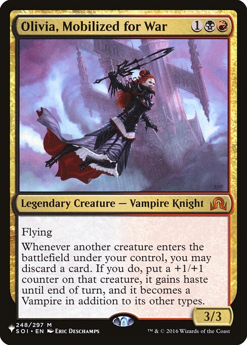 Flying
Whenever another creature enters the battlefield under your control, you may discard a card. If you do, put a +1/+1 counter on that creature, it gains haste until end of turn, and it becomes a Vampire in addition to its other types.