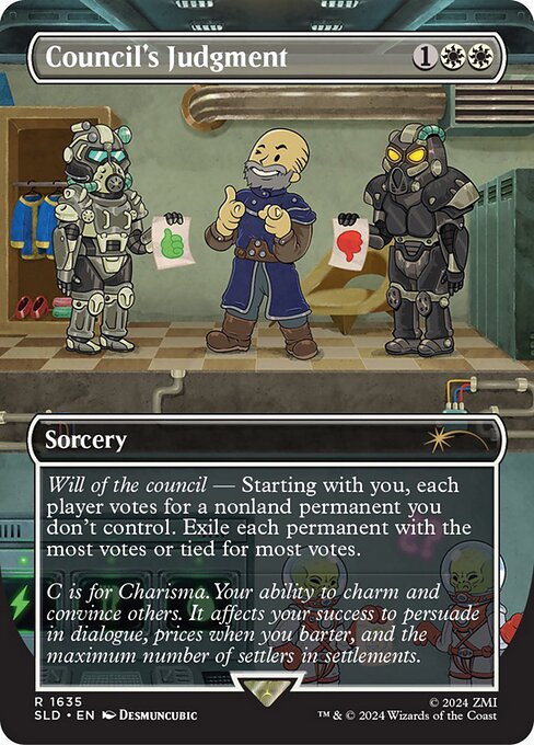 Will of the council — Starting with you, each player votes for a nonland permanent you don't control. Exile each permanent with the most votes or tied for most votes.