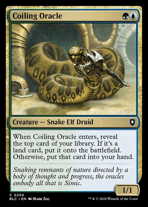 When Coiling Oracle enters, reveal the top card of your library. If it's a land card, put it onto the battlefield. Otherwise, put that card into your hand.