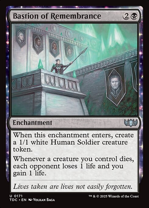 When this enchantment enters, create a 1/1 white Human Soldier creature token.
Whenever a creature you control dies, each opponent loses 1 life and you gain 1 life.