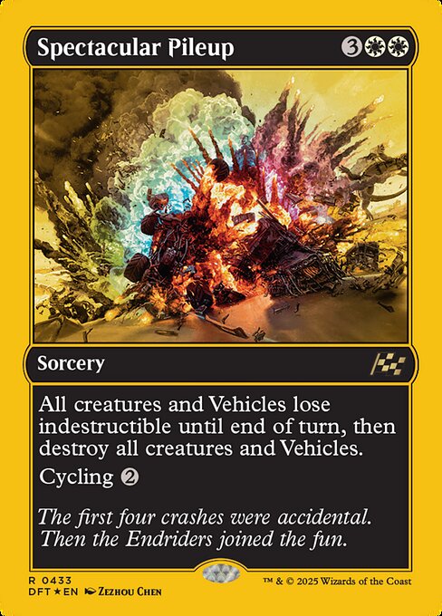 All creatures and Vehicles lose indestructible until end of turn, then destroy all creatures and Vehicles.
Cycling {2} ({2}, Discard this card: Draw a card.)