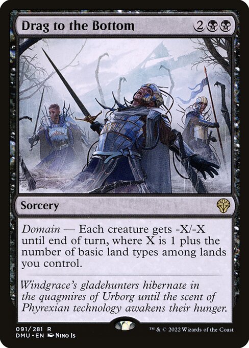 Domain — Each creature gets -X/-X until end of turn, where X is 1 plus the number of basic land types among lands you control.